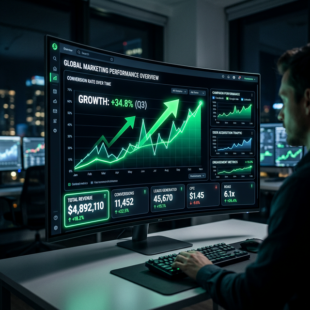 High-tech digital marketing dashboard showing sales conversions and upward metrics