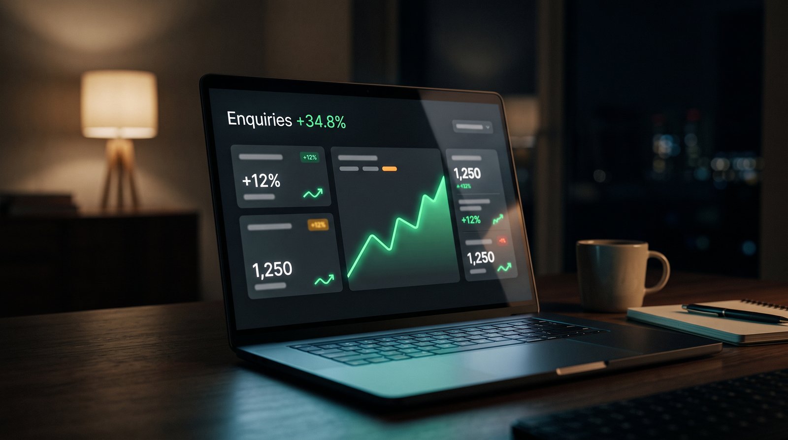 Analytics dashboard showing a 34.8% rise in customer enquiries