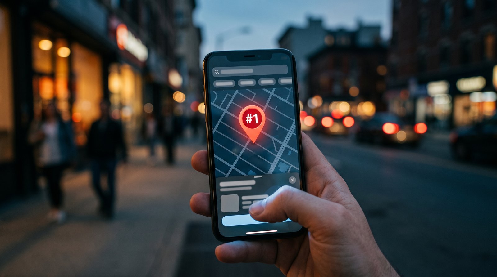 Smartphone map app showing a local business as the #1 search result nearby